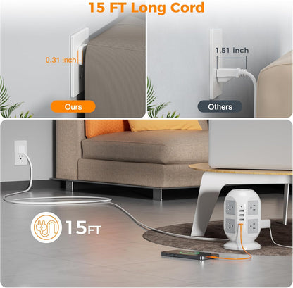 Tower Surge Protector Power Strip 15 ft, TESSAN Long Flat Extension Cord with Multiple Outlets, 8 AC Outlets with 4 USB Ports (1 USB C), Charging Station with Surge Protection, for Home Office Dorm