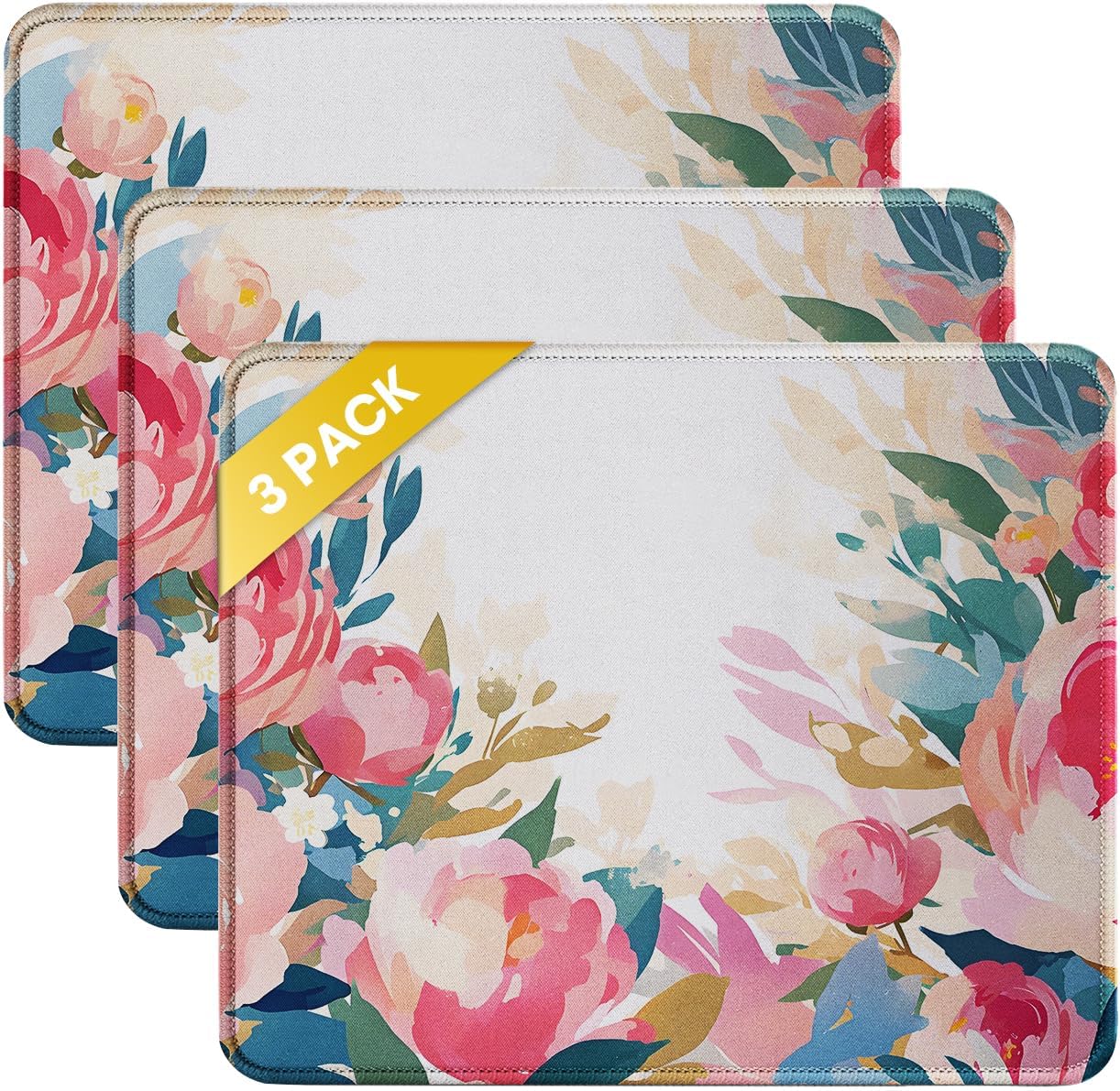 JIKIOU 3 Pack Mouse Pad with Stitched Edge, Comfortable Mouse Pads with Non-Slip Rubber Base, Washable Mousepads Bulk with Comfortable Cloth, Mouse Pads for Computers Laptop 10.2x8.3inch Multi Peony