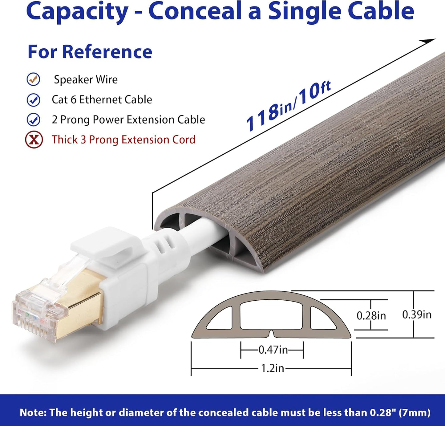Floor Cord Cover 10ft, Cord Hider Floor Gray Wood, Cable Management Prevent Trips, Cable Cover Wire Covers for Electric Power Cords, Wire Protector Cavity W0.47in x H0.28in Grey