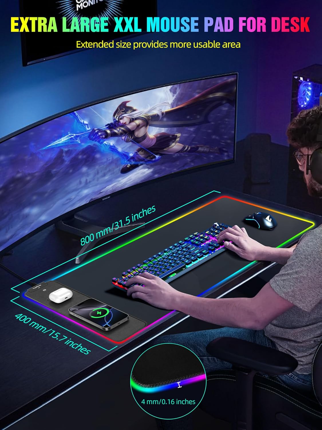 TopMade Wireless Charging RGB Mouse Pad, Waterproof Gaming Desk Pad with 4 Light Modes & 11 RGB Colors, Ultra-Smooth Surface, Non-Slip Base, 31.5"x15.75" XXL Large Desk Mat for MacBook, PC, Laptop