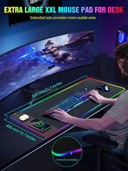 TopMade Wireless Charging RGB Mouse Pad, Waterproof Gaming Desk Pad with 4 Light Modes & 11 RGB Colors, Ultra-Smooth Surface, Non-Slip Base, 31.5"x15.75" XXL Large Desk Mat for MacBook, PC, Laptop