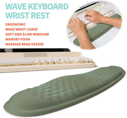 2-in-1 Ergonomic Set, Wave Rise Keyboard Wrist Rest and Massage Bulge Slope Mouse Pad Wrist Support, Cushion Memory Foam Integrated to Relieve Wrist Pain, Olive Green