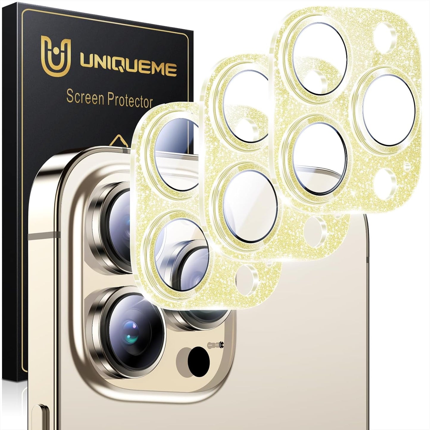 UniqueMe 3 Packs Compatible for iPhone 14 Pro Max/iPhone 14 Pro Camera Lens Protector Acrylic [Not Glass],[Case Friendly][Scratch-Resistant][Night Shooting Mode]-Glitter Golden