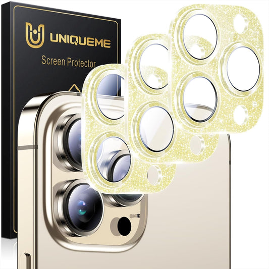 UniqueMe 3 Packs Compatible for iPhone 14 Pro Max/iPhone 14 Pro Camera Lens Protector Acrylic [Not Glass],[Case Friendly][Scratch-Resistant][Night Shooting Mode]-Glitter Golden