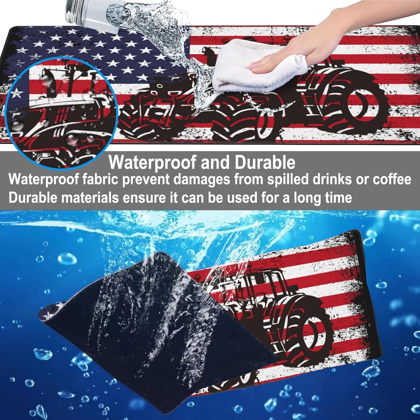 Mouse Pad, Large Vintage USA Flag with Tractor Desk Mat, Extended Non-Slip Gaming Keyboard Mousepad Desk Pad, Thick Stitched Edges Waterproof Mouse Mat 31.5"x15.7" (Retro American Flag)