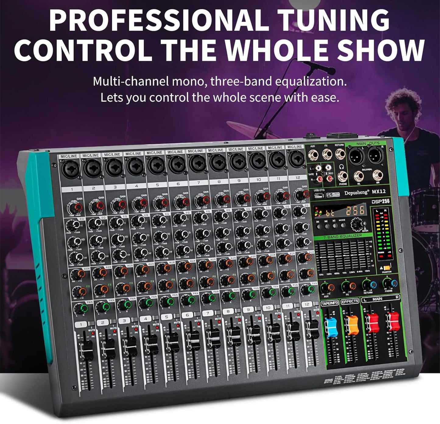 Depusheng MX12 12 Channel Sound Mixer Audio Mixing Console 48V 256DSP Professional USB PC Play Record Podcast Live Broadcast (US MX12)