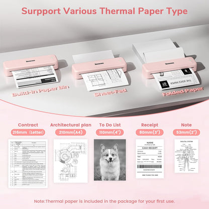Phomemo Portable Printers Wireless for Travel Upgraded,M834 Bluetooth Thermal Printer 8.5" x 11"& A4 Size,Inkless Mobile Printer with Carry Case for Travel,Office,School,Car,Home,Pink