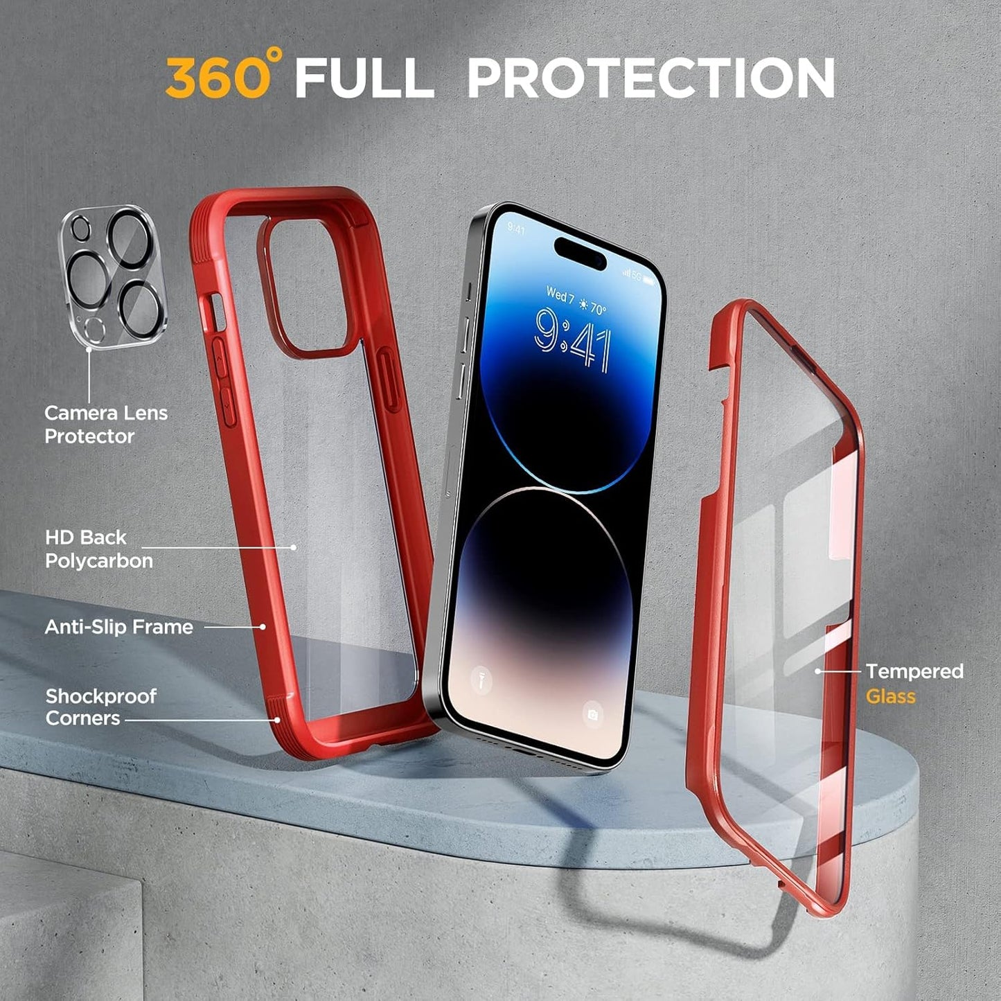 Miracase Glass Series Designed for iPhone 14 Pro Max Case 6.7 Inch, Upgrade Full-Body Bumper Case with Built-in 9H Tempered Glass Screen Protector, with Camera Lens Protector, Red
