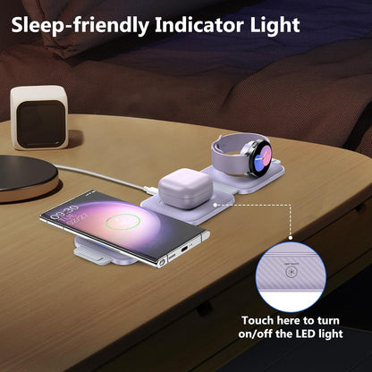 Travel Charger for Samsung Multi Devices, Foldable 3 in 1 Wireless Charging Station Fast Charging Stand/Pad Compatible for Samsung Galaxy S25/S24/S23/S22/S21/Note20 Galaxy Watch8/7/6/5/4/Galaxy Buds4