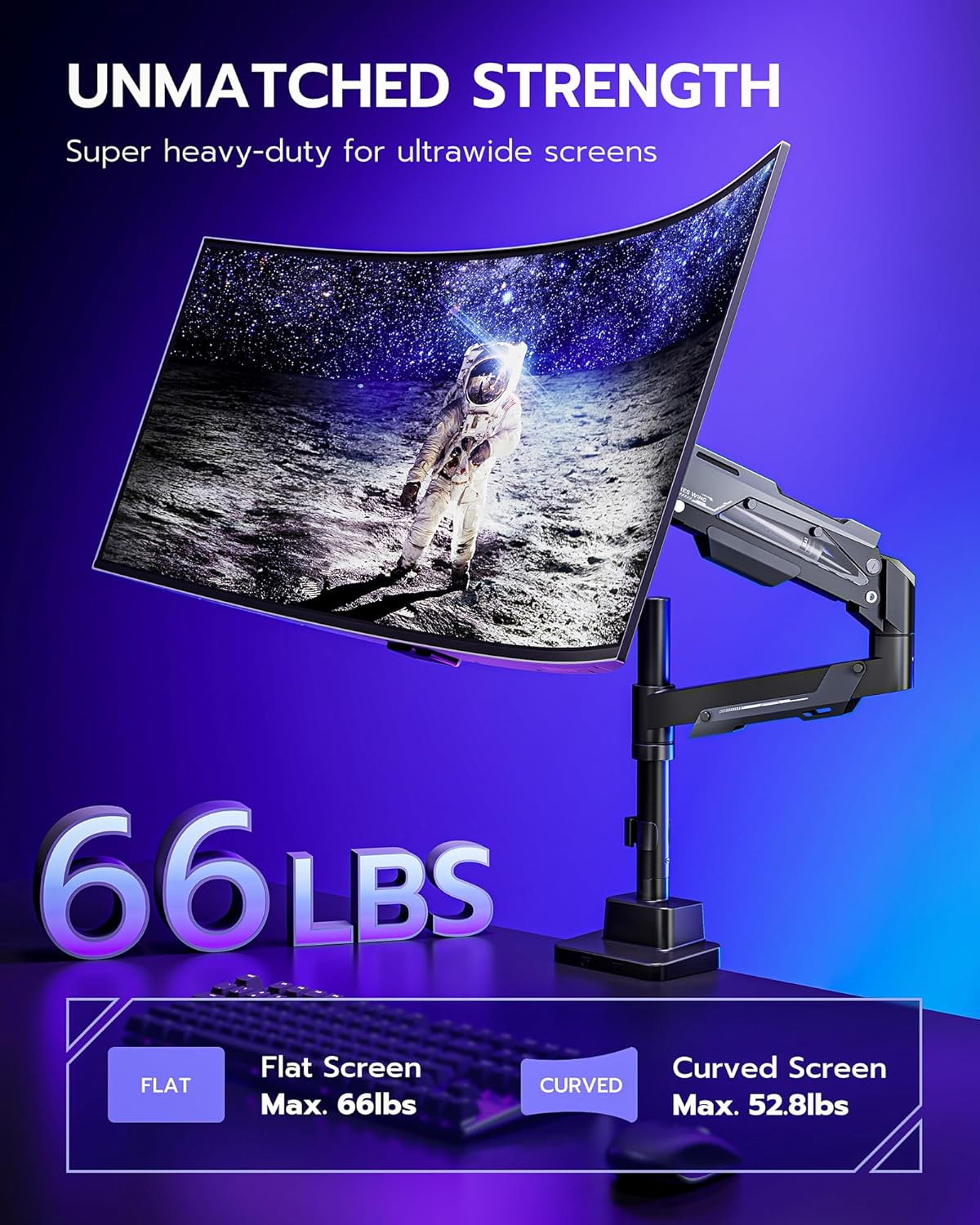 ARES WING Single Monitor Mount, Ultrawide Monitor Arm for 24 to 57 Inch Heavy Duty Curved Screen, Adjustable Gas Spring Monitors Arm Stand up to 66LBS with 75/100/200 Vesa Mount, Black