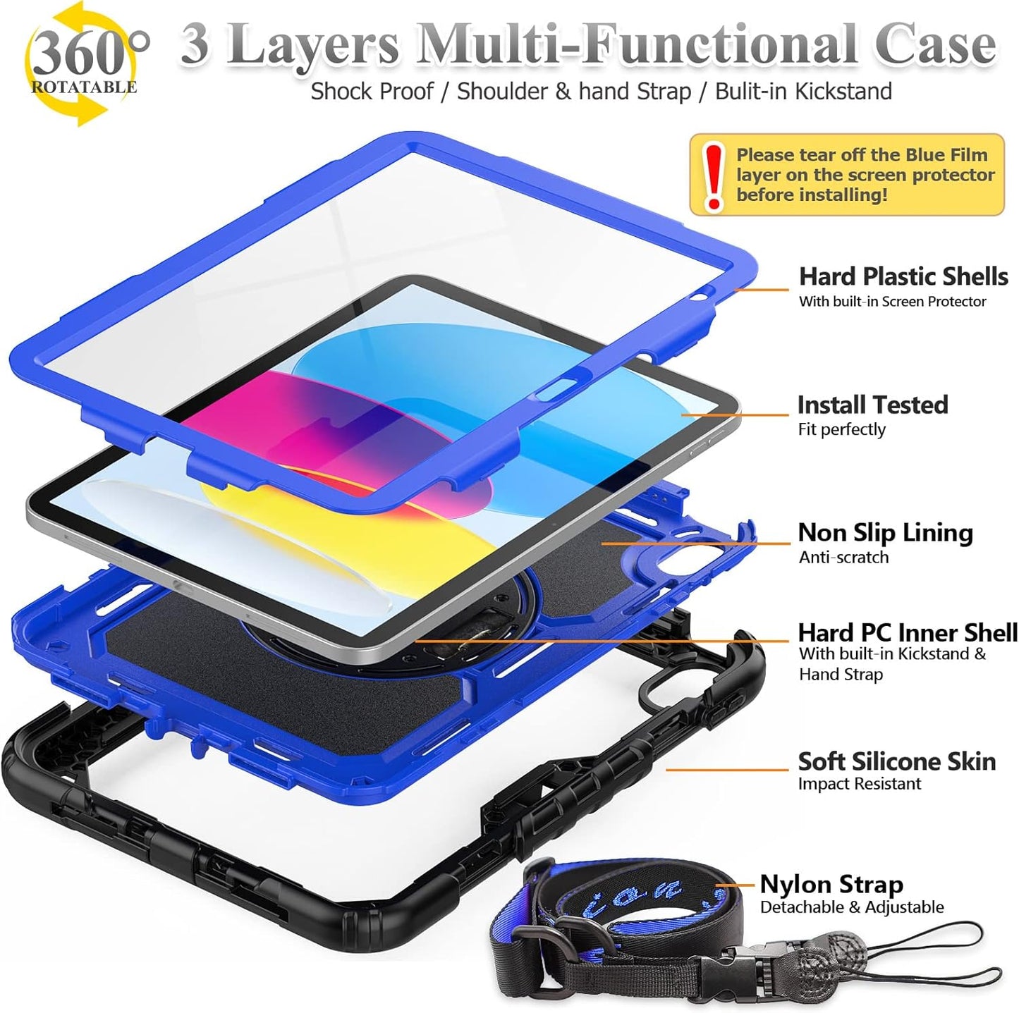 SEYMAC stock Case for iPad (A16) 11th/10th Generation 11''/10.9'' 2025/2022, Full-Body Drop Protection Case with Screen Protector &360° Rotate Hand Strap/Stand, Blue+Black