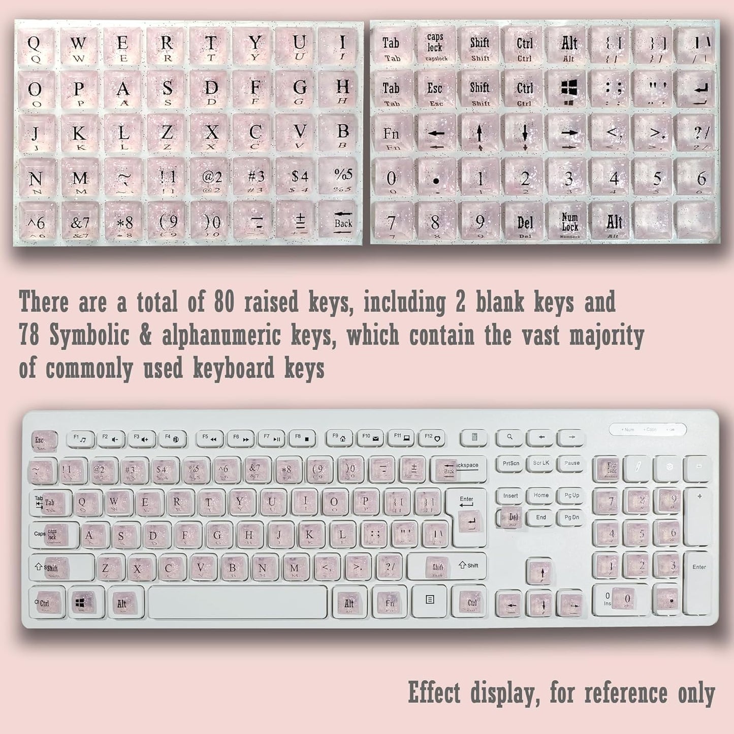 80 Pcs Keyboard Sticker for Long Nails Typing and Gaming, Symbolic and Alphanumeric Sticky Silicone Keys for Keyboards and Laptop (Sparkly Pink)