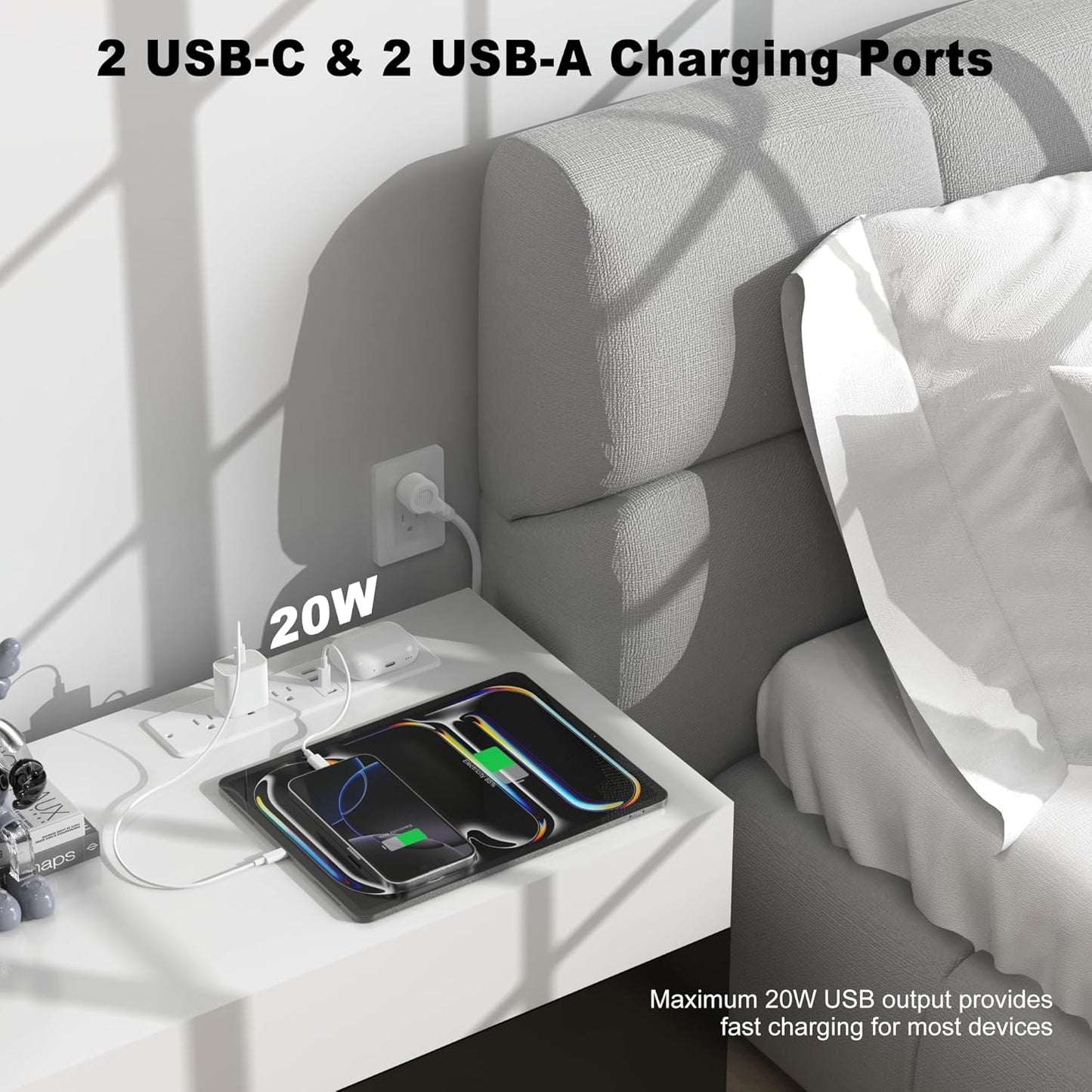 8 in 1 Recessed Power Strip with 15W Wireless Charger, 20W Fast Charging Furniture Outlet, Plug in 3 AC Outlets & 4 USB Ports Flush Mount, 10FT Cord