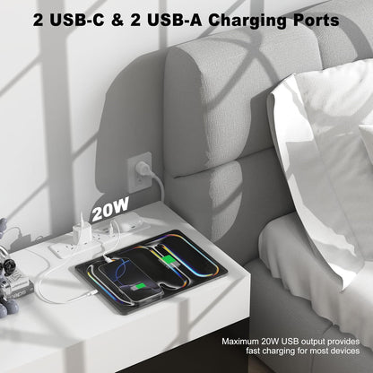 8 in 1 Recessed Power Strip with 15W Wireless Charger, 20W Fast Charging Furniture Outlet, Plug in 3 AC Outlets & 4 USB Ports Flush Mount, 10FT Cord