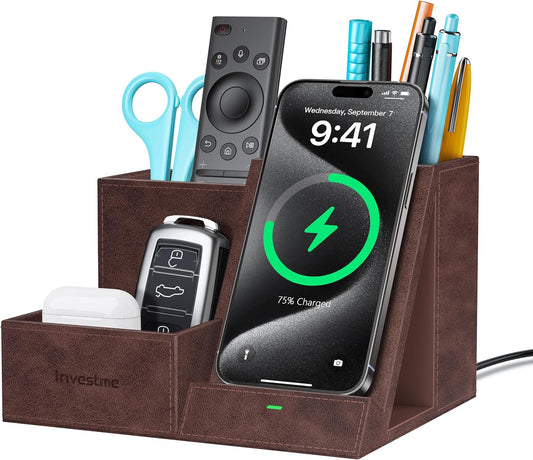 Wireless Charger with Desk Organizer, Pen Pencil Holder, Multifunctional Desktop Organizer, Office Supplies and Desk Accessories Organizer with 3 Compartments and 1 Phone Stand, Dark Brown