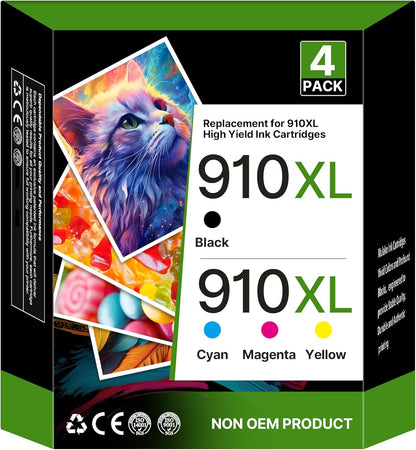 910XL Ink Cartridges for HP Printers (4 Pack) Replacement for HP 910XL Ink Cartridges Combo Pack Use for OfficeJet 8010 8020 Series, Pro 8020, 8030 Series Printer | Black Cyan Magenta Yellow