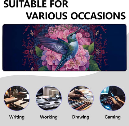 Floral and Hummingbird Large Mouse Pad, Gaming Mouse Pad, Keyboard Mat, Non-Slip Rubber Base, Office Accessories, Desk Mat, MousePads for School, Work, Home Decor Gifts 31.5" x 11.8"