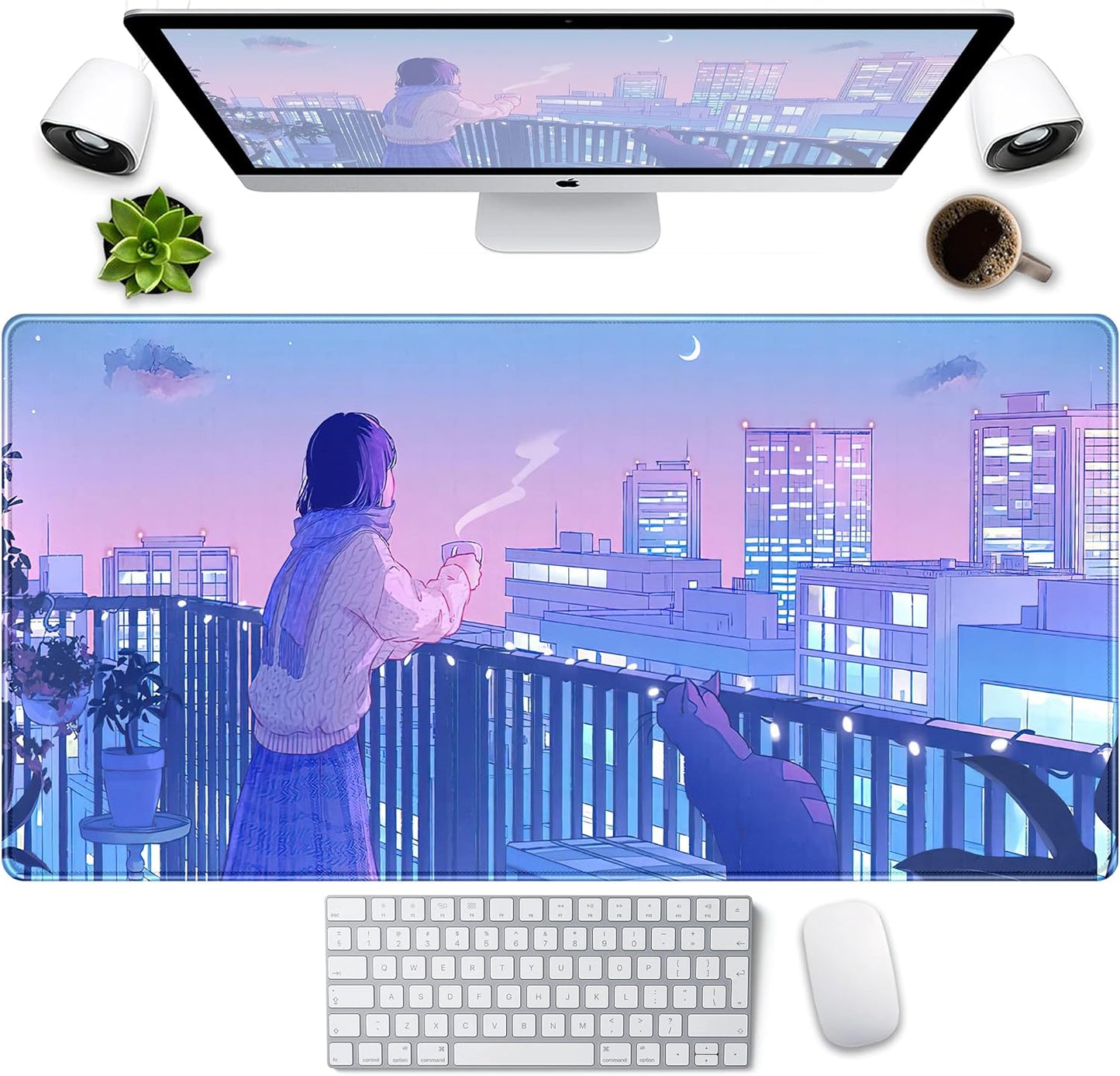 Purple Anime Kawaii Desk Mat Mousepad Cute Cat XXL Large Gaming Japanese Girly Aesthetic Mouse Pad Tokyo Street Desk Mat 31.5x15.75 in, Girl Gamer Desktop Mat Computer Laptop Keyboard Mouse Mat