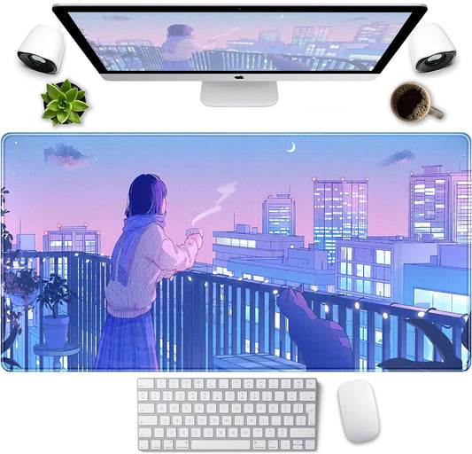 Purple Anime Kawaii Desk Mat Mousepad Cute Cat XXL Large Gaming Japanese Girly Aesthetic Mouse Pad Tokyo Street Desk Mat 31.5x15.75 in, Girl Gamer Desktop Mat Computer Laptop Keyboard Mouse Mat