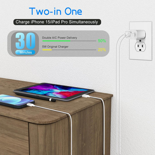 Dual Port A/C Charger for iPhone 16 15,Double A/C iPhone 16 15 Charger Fast Charging Block,2Pack Quick USB C Wall Chargers Adapter,10FT USB C Cable for iPhone 16/16 ProMax/16e/15 Plus/15 Pro,iPad Pro