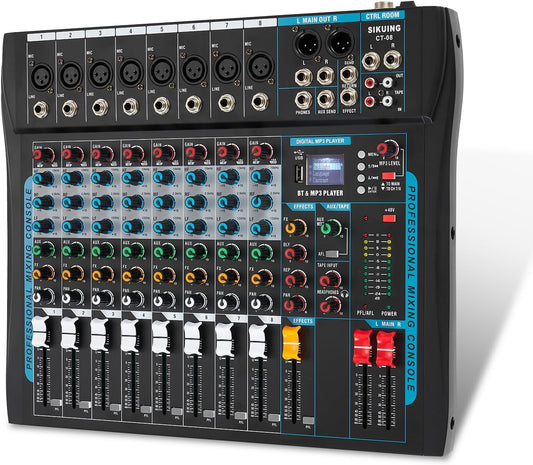 8 Channel Audio Mixer Sound Board Mixer 16 DSP Effect Audio Interfacer w/USB Drive for Computer Recording, 48V Power, XLR Microphone Jack DJ Mixer for Karaoke Studio Streaming Recording