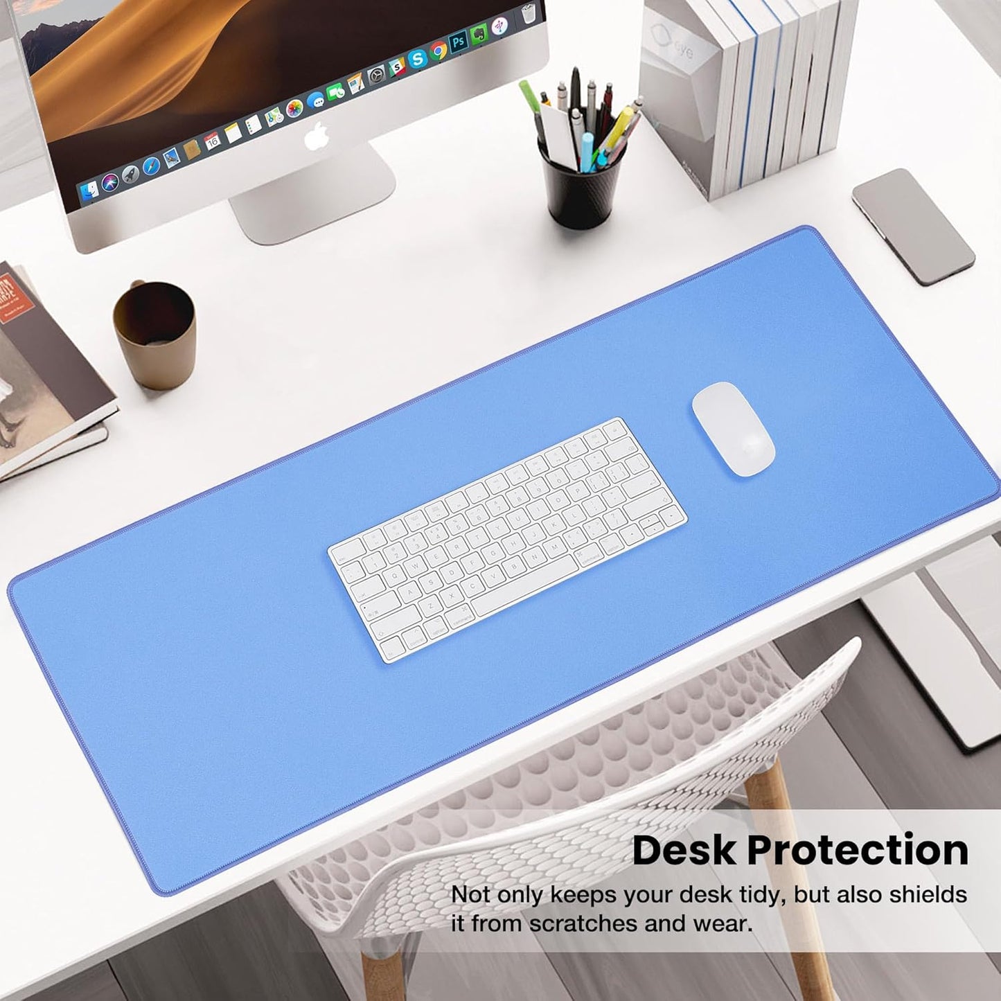 ALOANES Waterproof Mouse Pad, XXXL Gaming Keyboard Pad with Anti-Slip Base, Grain Jacquard Surface, Extend Desk pad for Gamer, Office & Home, Blue Mousepad 35.4''x 15.7''x 0.12''