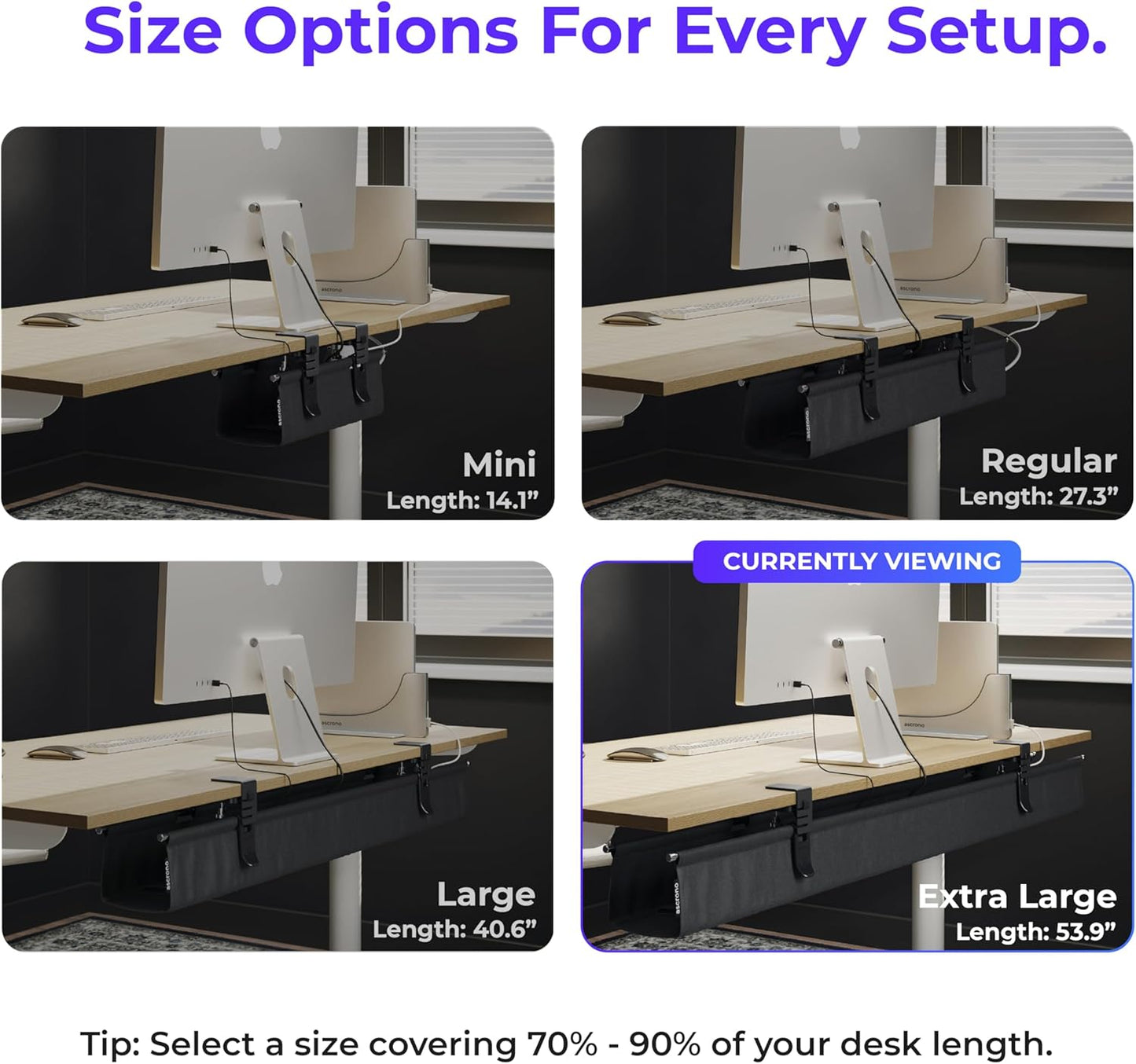 Ascrono Original No Drill Under Desk Cable Management Tray 53.9" - Premium Black Fabric Cable Management Under Desk - Clamp/Screw Mount Cord Organizer - Supports Upto 66lbs - Extra Large