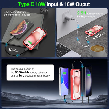 GIN FOXI Fast Charging Battery Case for iPhone 15 Pro Max/15 Plus, 8000mAh 15W Ultra Slim Charger Case Rechargeable Portable Extended Power Bank Case Cover Battery Pack Built-in Cable, Red(6.7”)