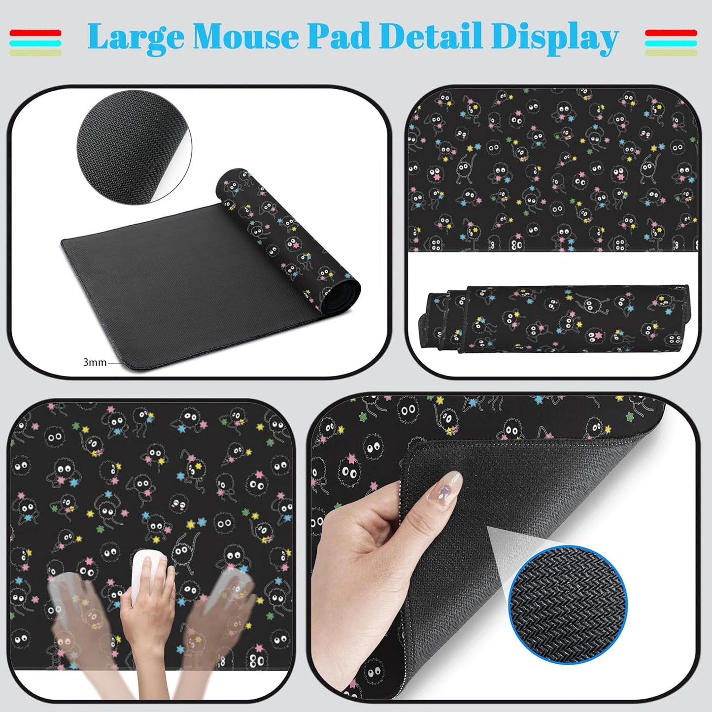 Desk Mat Cute Black Anime Sprite Gaming Mouse Pad XXL Large Extended Kawaii Laptop Keyboard Mouse Mat with Stitched Edges, Non-Slip Computer Desktop Mat for Women Office Desk Decor 31.5x15.7 in