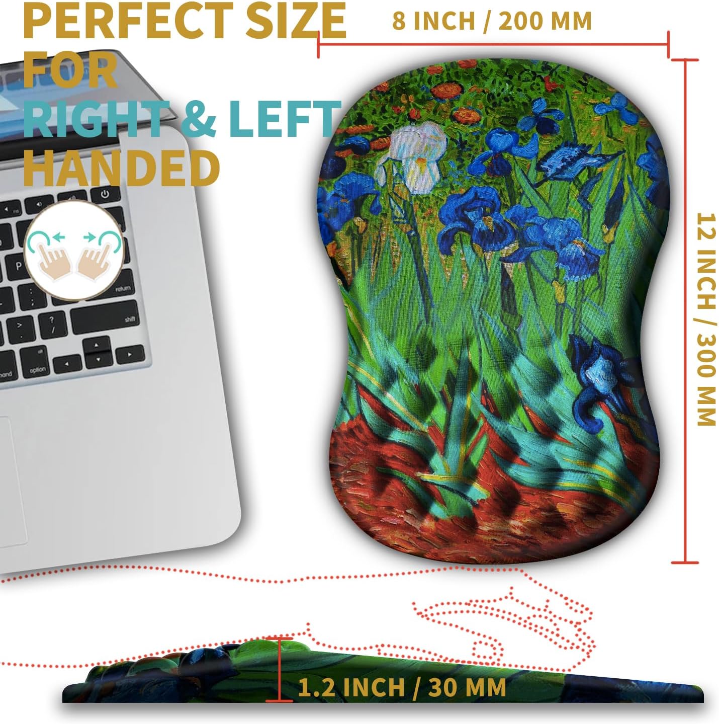 Hokafenle Ergonomic Mouse Pad Wrist Support with Massage Design, Wrist Rest Pain Relief Mousepad with Memory Foam&Non-Slip PU Base, Mouse Pads for Wireless Mouse & Desk(12x8 inch,Vangogh Iris Flower)