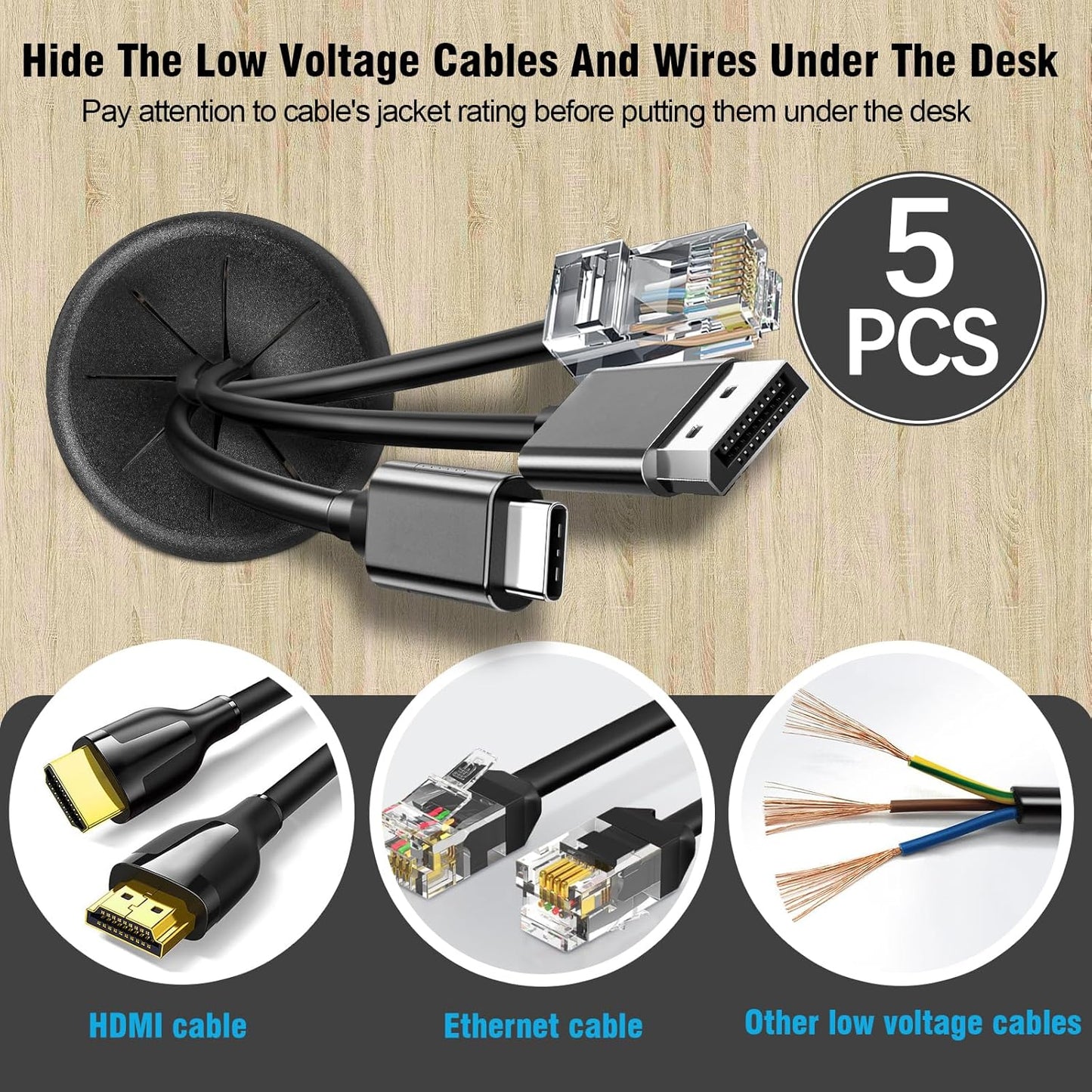 2" Black Desk Grommet, JTemgle Flexible Cable Grommet Rubber Cable Hole Cover Wire Organizer Caps Desktop Cord Management for Home Office TV Stands Tabletops, 5 Pieces