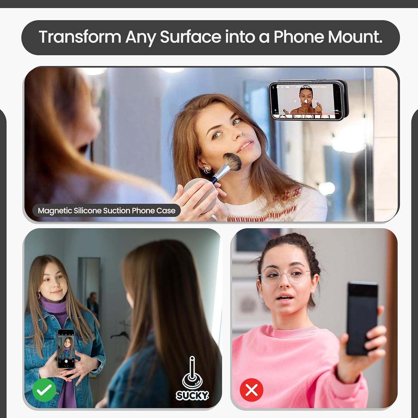 SUCKY Silicone Suction Phone Case Adhesive Mount - Anti-Slip Holder, Hands-Free Fidget Toy, Phone Accessory for iPhone and Android (Deep Black, Magnetic)