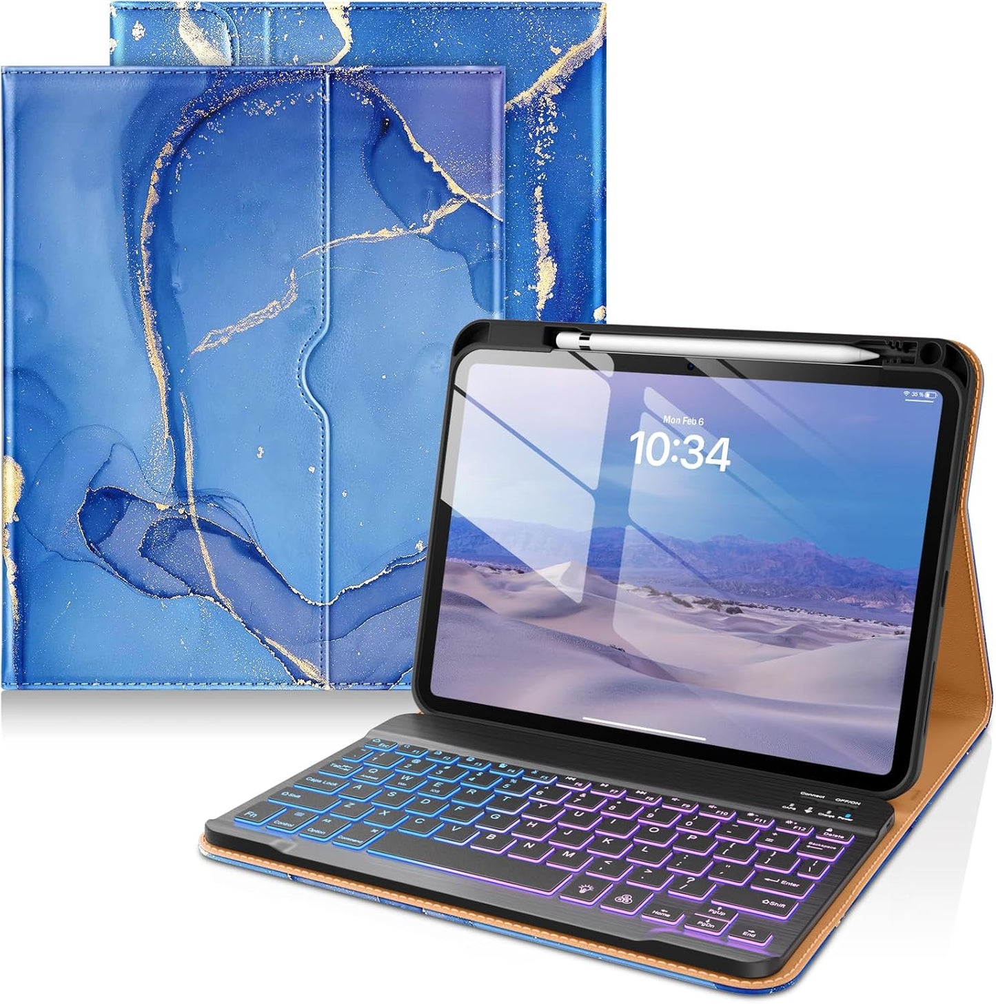 DTTO for iPad 11th (A16)/ 10th Generation Case with Keyboard (2025/2022), 7 Colors Backlit Wireless Detachable Keyboard Leather Folio Cover with Pencil Holder & Pocket, Sea Marble