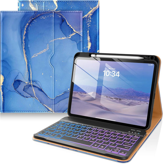 DTTO for iPad 11th (A16)/ 10th Generation Case with Keyboard (2025/2022), 7 Colors Backlit Wireless Detachable Keyboard Leather Folio Cover with Pencil Holder & Pocket, Sea Marble