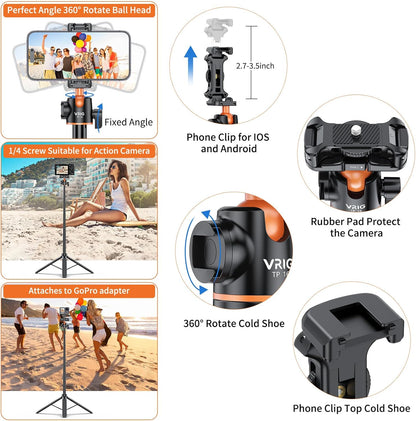 VRIG TP16 Camera Tripod, 55 inch Extendable Phone Selfie Stick Camera Tripod Stand with 2 in 1 Phone Clip, 5 Levels Adjustment 360° Ball Head Loads Up for Pocket 3 Insta360 X5 iPhone Sony Canon