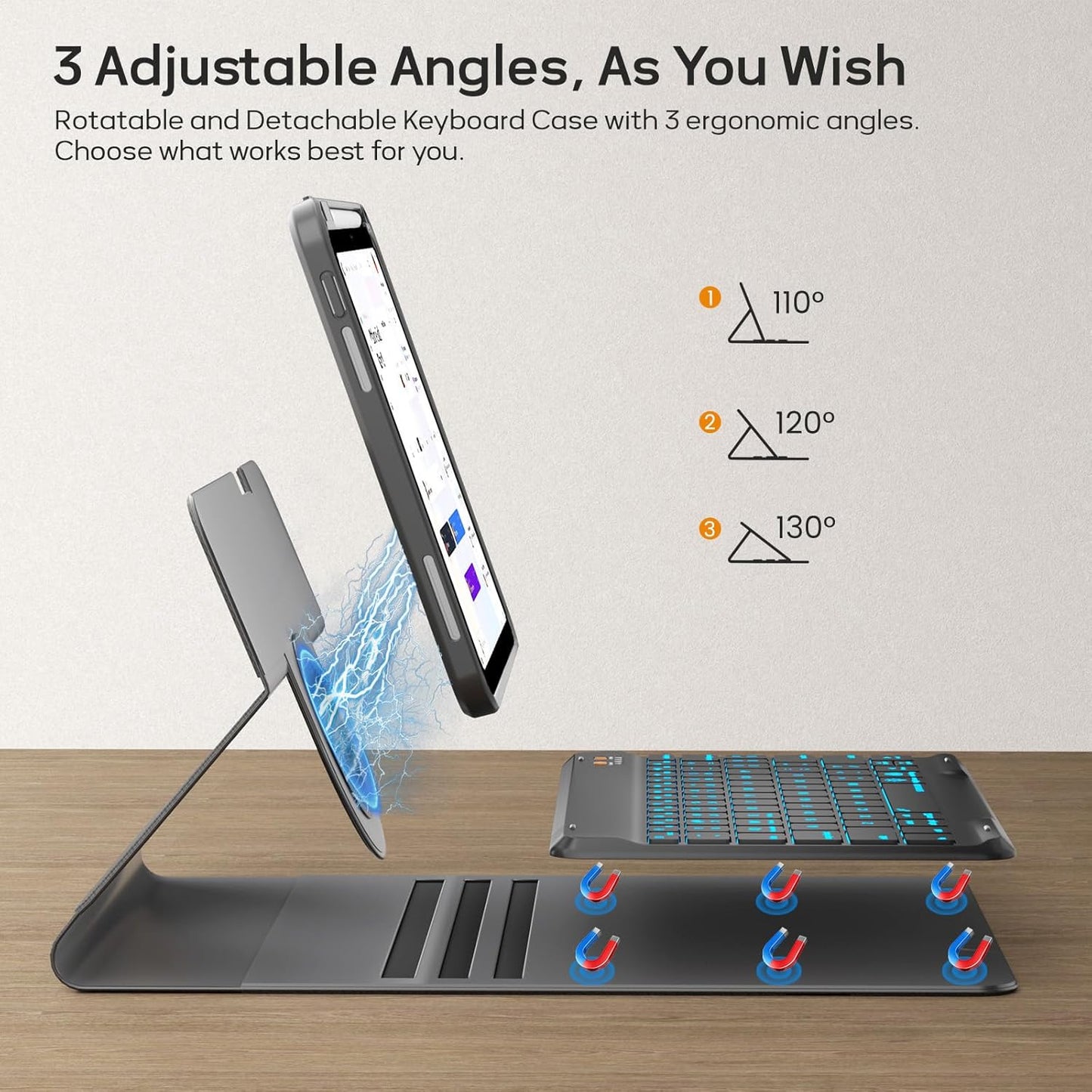 BLUTLOTUS for iPad 11th (A16) 10th Generation Case with Keyboard (2025/2022) - 360° Rotatable Magnetic Folio Cover, 7 Color Backlit Detachable Keyboard with Pencil Holder (Black)