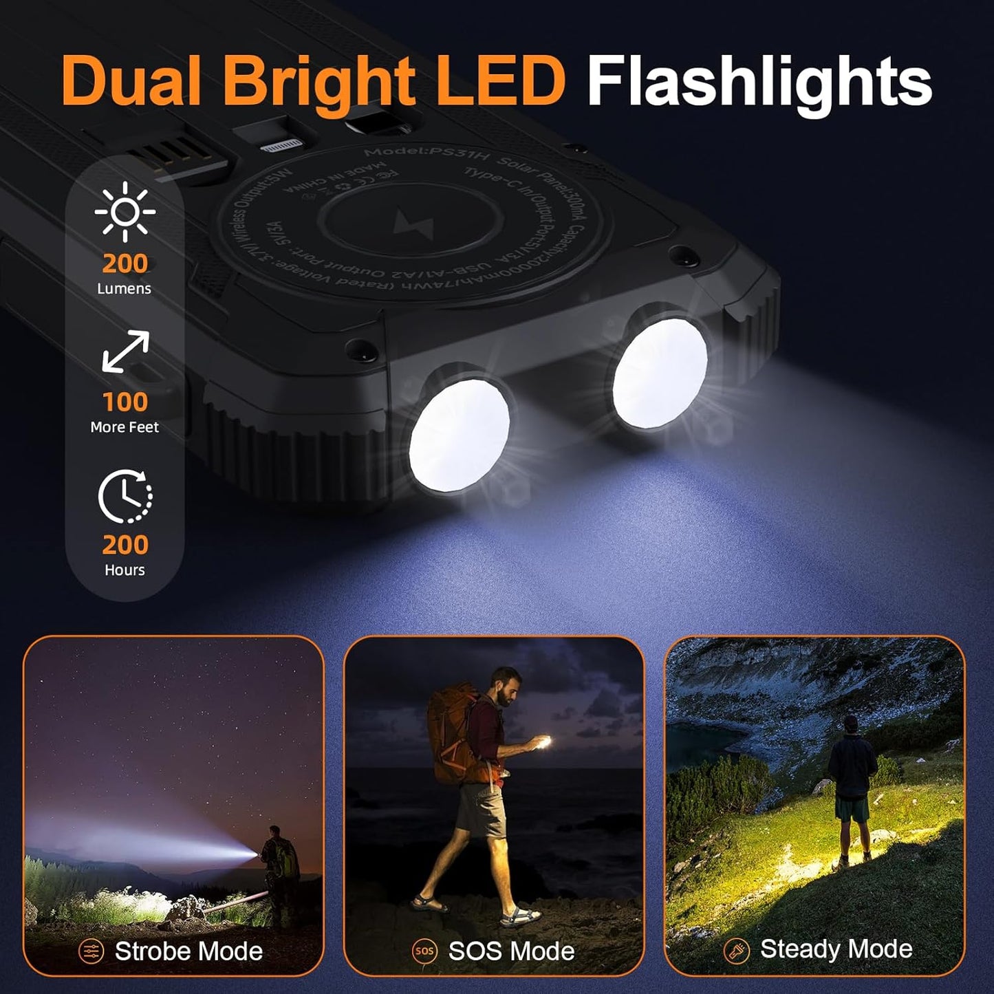 Solar Power Bank 20000mAh Wireless Portable Charger Built-in 3 Cables 15W USB-C Fast Charging Battery Pack Compatible with iPhone, Samsung, iPad, Emergency LED Flashlights Perfect for Camping, Hiking