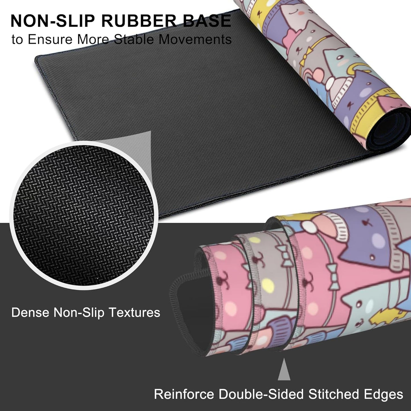 Mouse Pad, Large Cute Christmas Cats Desk Mat, Extended Non-Slip Gaming Keyboard Mousepad Desk Pad, Thick Stitched Edges Waterproof Mouse Mat 31.5"x15.7" (Cartoon Christmas Kittens)