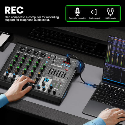 6 Channel Audio Interface Dj Mixer Soundboard Console 99 Dsp Reverb Delay Effect USB Bluetooth Studio Audio Mixer +48V Phantom Bluetooth for Karaoke Streaming Recording, Live Broadcast