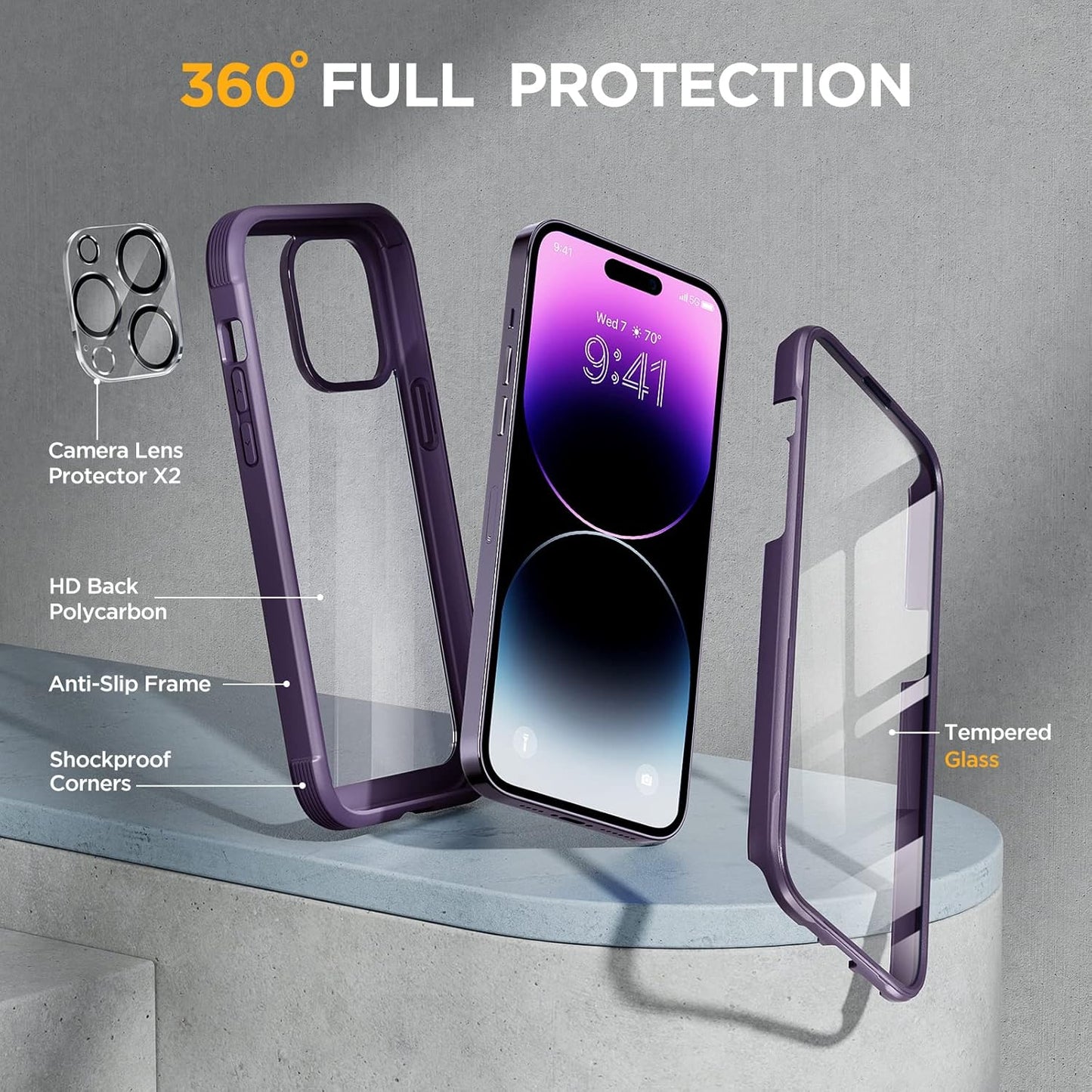 Miracase Glass Series Designed for iPhone 14 Pro Case 6.1 Inch, Upgrade Full-Body Bumper Case with Built-in 9H Tempered Glass Screen Protector, with Camera Lens Protector, Dark Purple