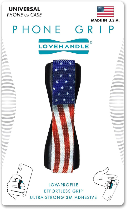 LOVEHANDLE Universal Phone Grip for Smartphones & Mini Tablets - Phone Holder for Hand - Wireless Charging Compatible - Made in The USA - Wavy American Flag with Black Base