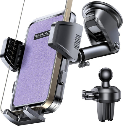 [2025 New] Dashboard Phone Holders for Your Car (+Air Vent Clip) [Military Grade Stable] , Car Cell Phone Holder, Rotatable Suction Cup Car Phone Mount for All Phone (Light Purple)