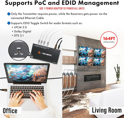 J-Tech Digital HDMI Extender Splitter 1x4 Over Single Cat5e/6 Ethernet Cable Up To 164ft. Supports PoC HDMI Loopout IR Control EDID Switch