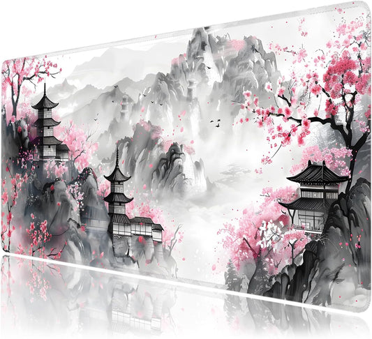 Japanese Cherry Blossom Large Mouse Pad,Gaming Keyboard Desk Pad,Extended Mouse Mat Non-Slip Rubber Base with Stitched Edges for Office Game Home XXL 35.4"x15.7"
