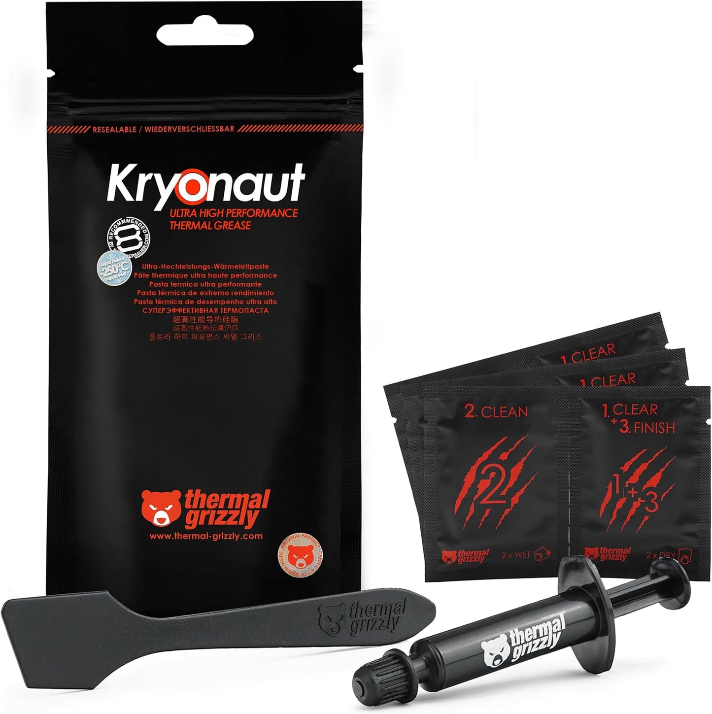 Thermal Grizzly Kryonaut - 1 Gram - Extremely High Performance Thermal Paste + 12 Cleaning Wipes 6 Wet & 6 Dry - for Demanding Applications and Overclocking CPU/GPU/PS4/PS5/Xbox