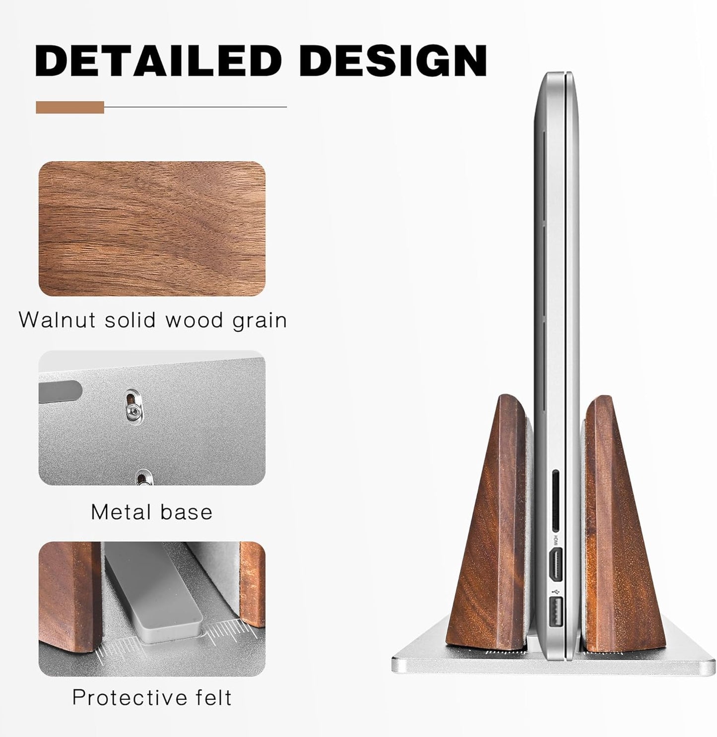 muso wood Vertical Laptop Stand, Walnut Laptop Holder Desktop Stand with Adjustable Dock Size, Wooden Laptop Stand for MacBook Pro and Other Laptops