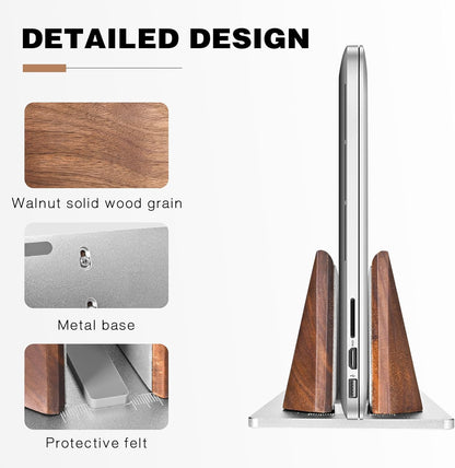 muso wood Vertical Laptop Stand, Walnut Laptop Holder Desktop Stand with Adjustable Dock Size, Wooden Laptop Stand for MacBook Pro and Other Laptops