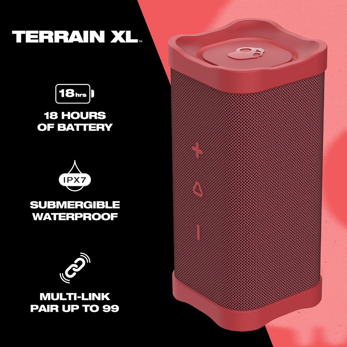 Skullcandy Terrain XL Wireless Bluetooth Speaker - IPX7 Waterproof Portable Speaker, 18 Hour Battery, Nylon Wrist Wrap, True Wireless Stereo (Red)