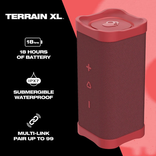 Skullcandy Terrain XL Wireless Bluetooth Speaker - IPX7 Waterproof Portable Speaker, 18 Hour Battery, Nylon Wrist Wrap, True Wireless Stereo (Red)