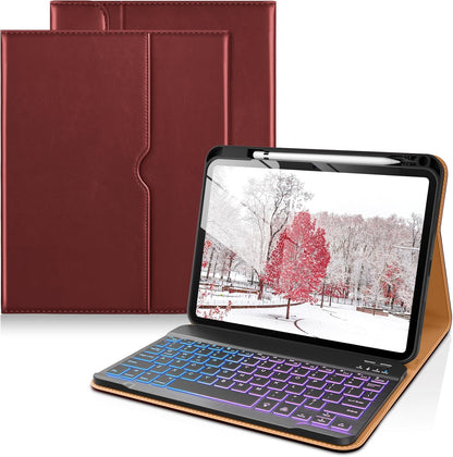 DTTO for iPad 11th (A16)/ 10th Generation Case with Keyboard (2025/2022), 7 Colors Backlit Wireless Detachable Keyboard Leather Folio Cover with Pencil Holder & Pocket, Burgundy Red
